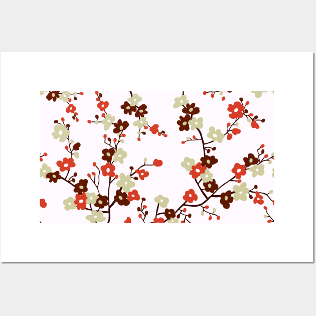 Branches of red small flowers in blossom pattern. Wall Art by Elemesca